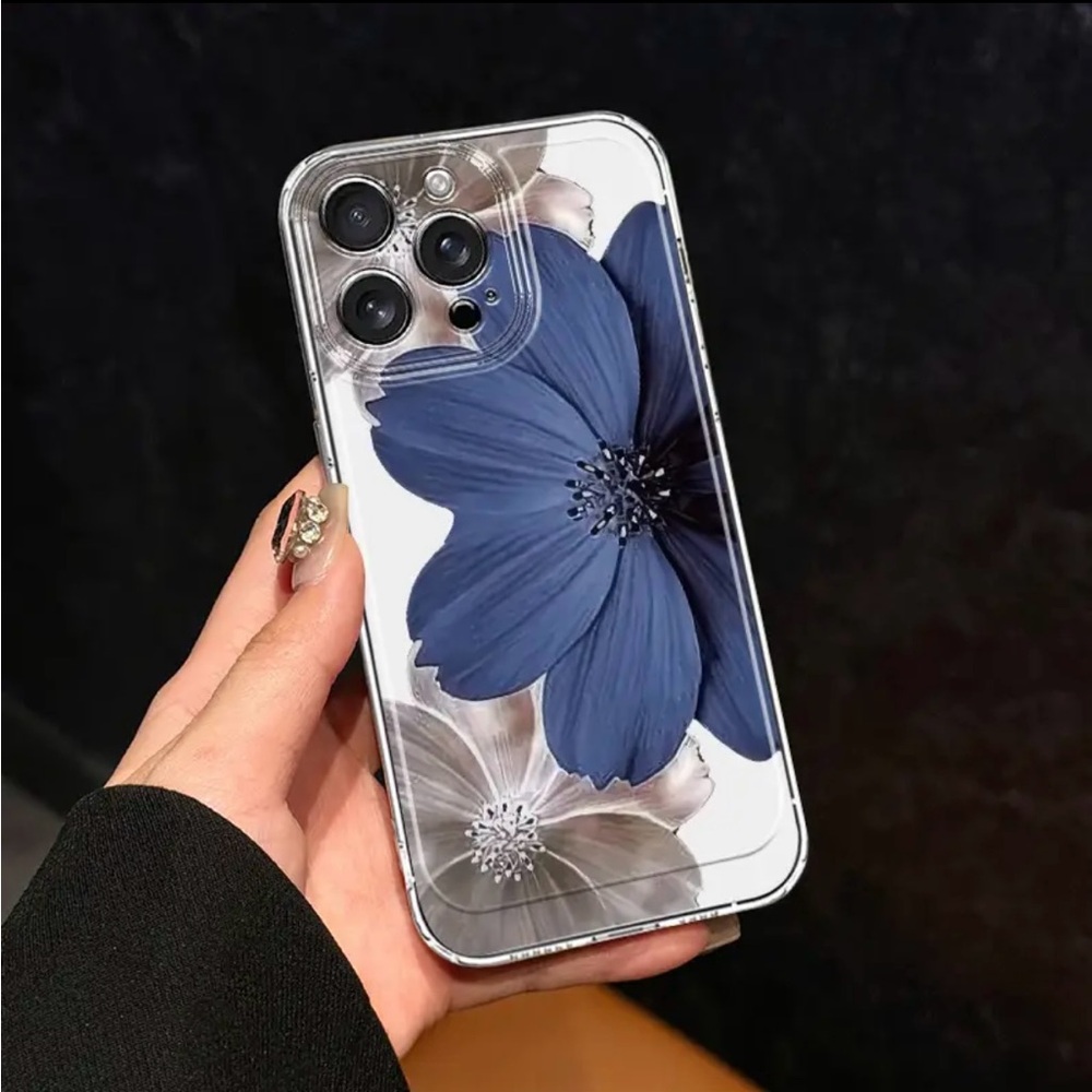 iPhone 15 Pro Max  Phone Case Blue & Tan Flowers Transparent TPU Shockproof